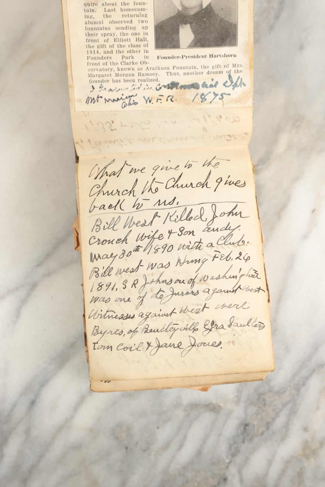 Lot 151 - Vintage Scrapbook Contained In A 1935 Calendar  Notebook From Kurtz Monument Company Rock Of Ages Gravestones, Containing Newspaper Clippings, Handwriting, Many Ponderings On Lincoln, Washington, Religion