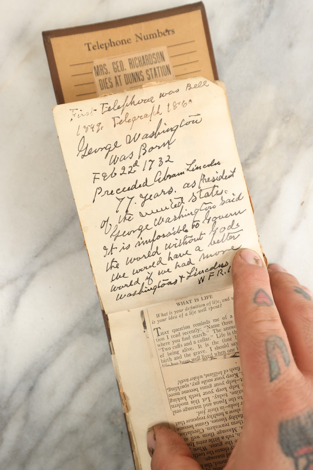 Lot 151 - Vintage Scrapbook Contained In A 1935 Calendar  Notebook From Kurtz Monument Company Rock Of Ages Gravestones, Containing Newspaper Clippings, Handwriting, Many Ponderings On Lincoln, Washington, Religion