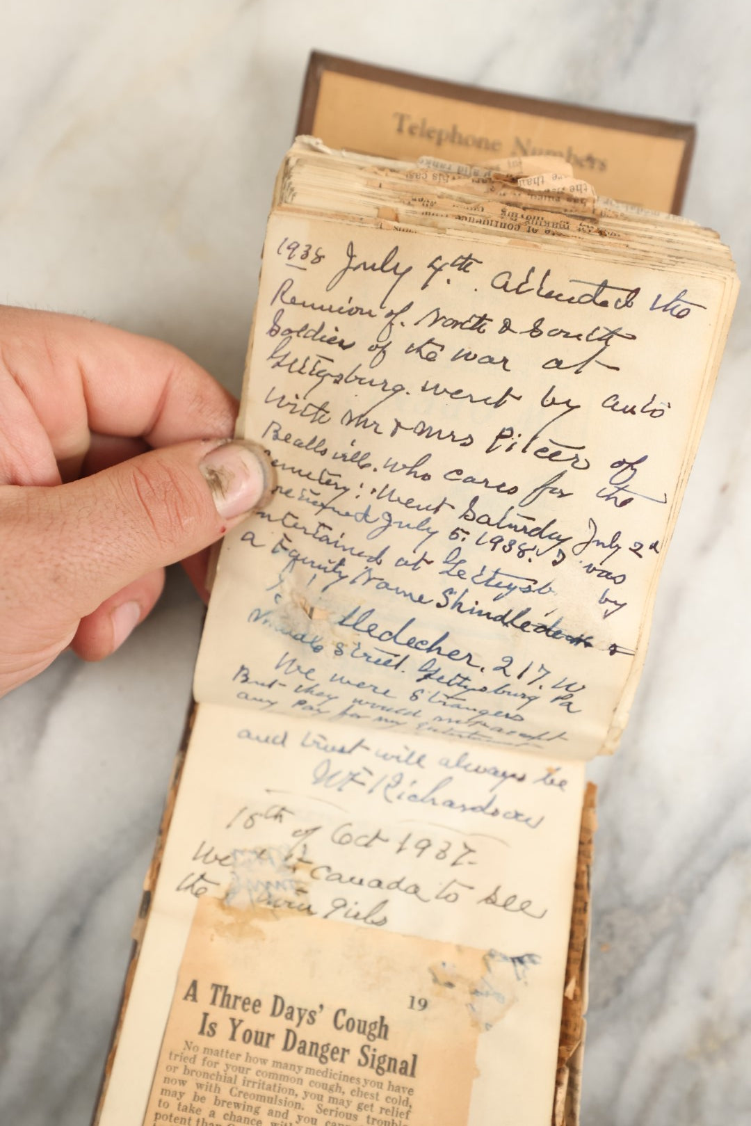 Lot 151 - Vintage Scrapbook Contained In A 1935 Calendar  Notebook From Kurtz Monument Company Rock Of Ages Gravestones, Containing Newspaper Clippings, Handwriting, Many Ponderings On Lincoln, Washington, Religion
