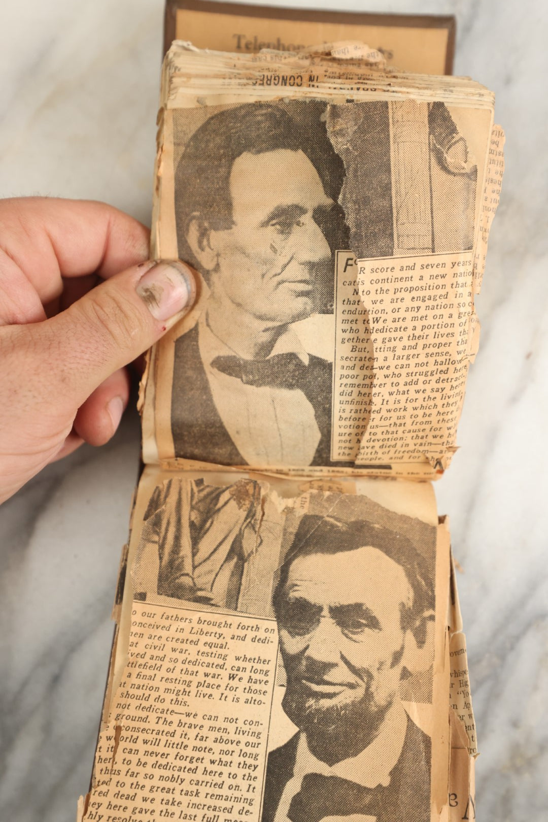 Lot 151 - Vintage Scrapbook Contained In A 1935 Calendar  Notebook From Kurtz Monument Company Rock Of Ages Gravestones, Containing Newspaper Clippings, Handwriting, Many Ponderings On Lincoln, Washington, Religion