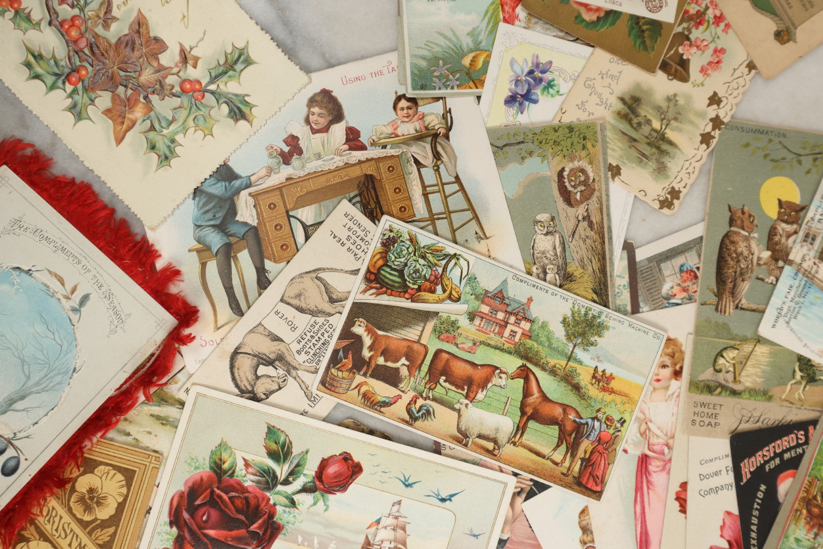 Lot 159 - Grouping Of 50+ Antique Victorian Trade Cards, Lithographed Advertisements, Calling Cards, And More, Including Many With Animals, Children, Etc.