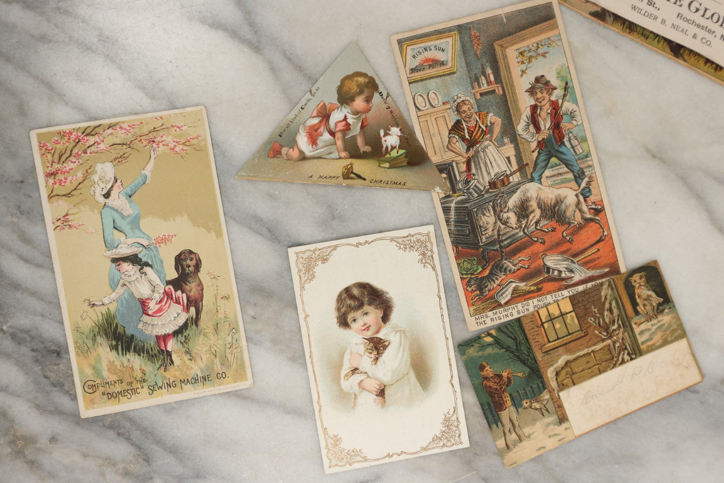 Lot 161 - Grouping Of 10+ Antique Victorian Trade Cards Depicting Dogs, Cats, Pets, Etc., Including Blotter, New Home Sewing, And Others