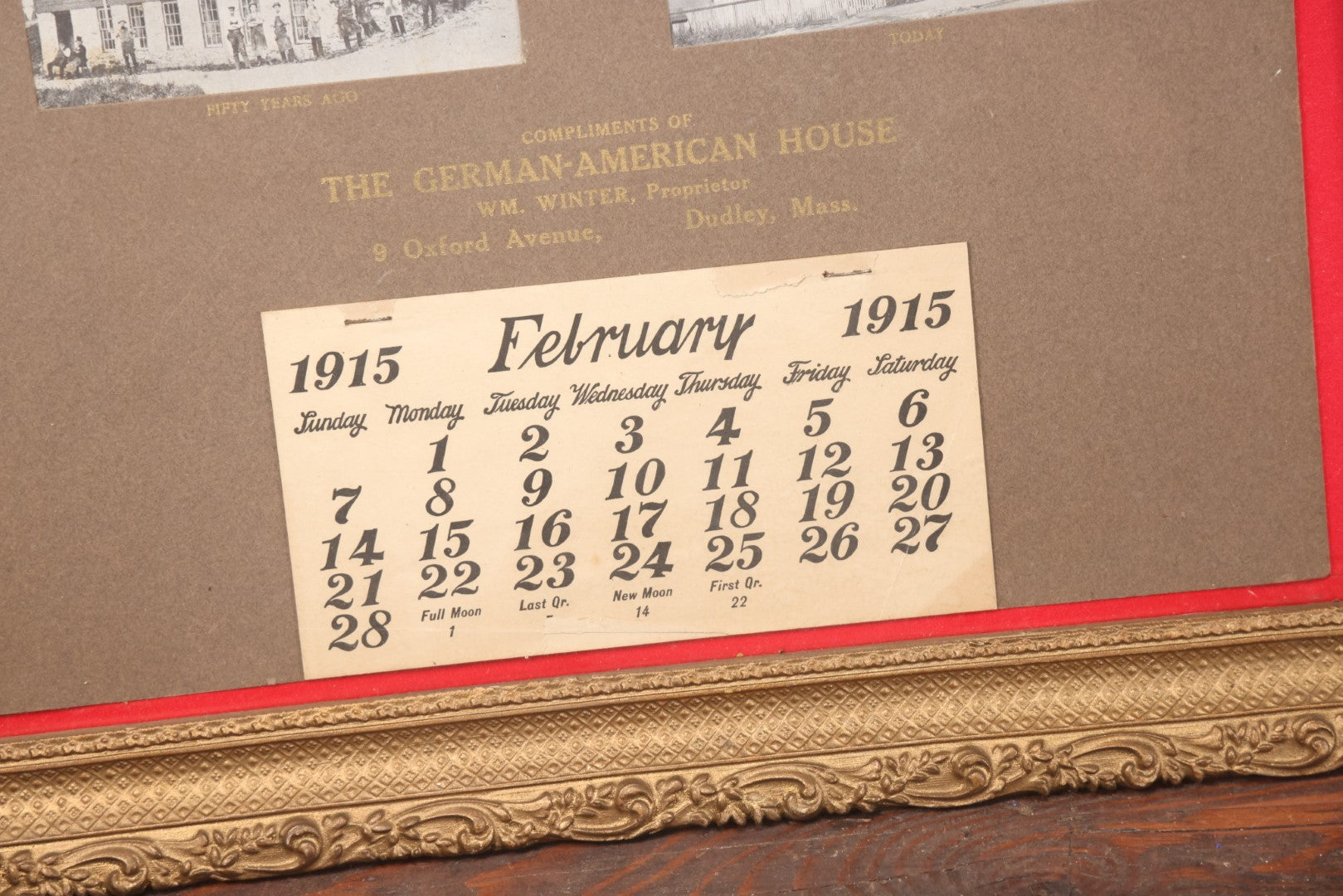 Lot 046 - Antique 1915 Advertising Calendar From The German American House, Dudley, Massachusetts, In Frame, With 1916 Penny