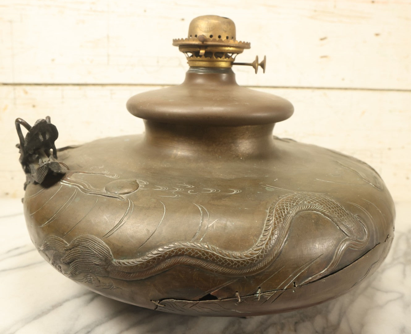 Lot 001 - Antique Chinese Kerosene Lamp Base With Detailed Dragon Motif, Note Large Crack, Various Damage
