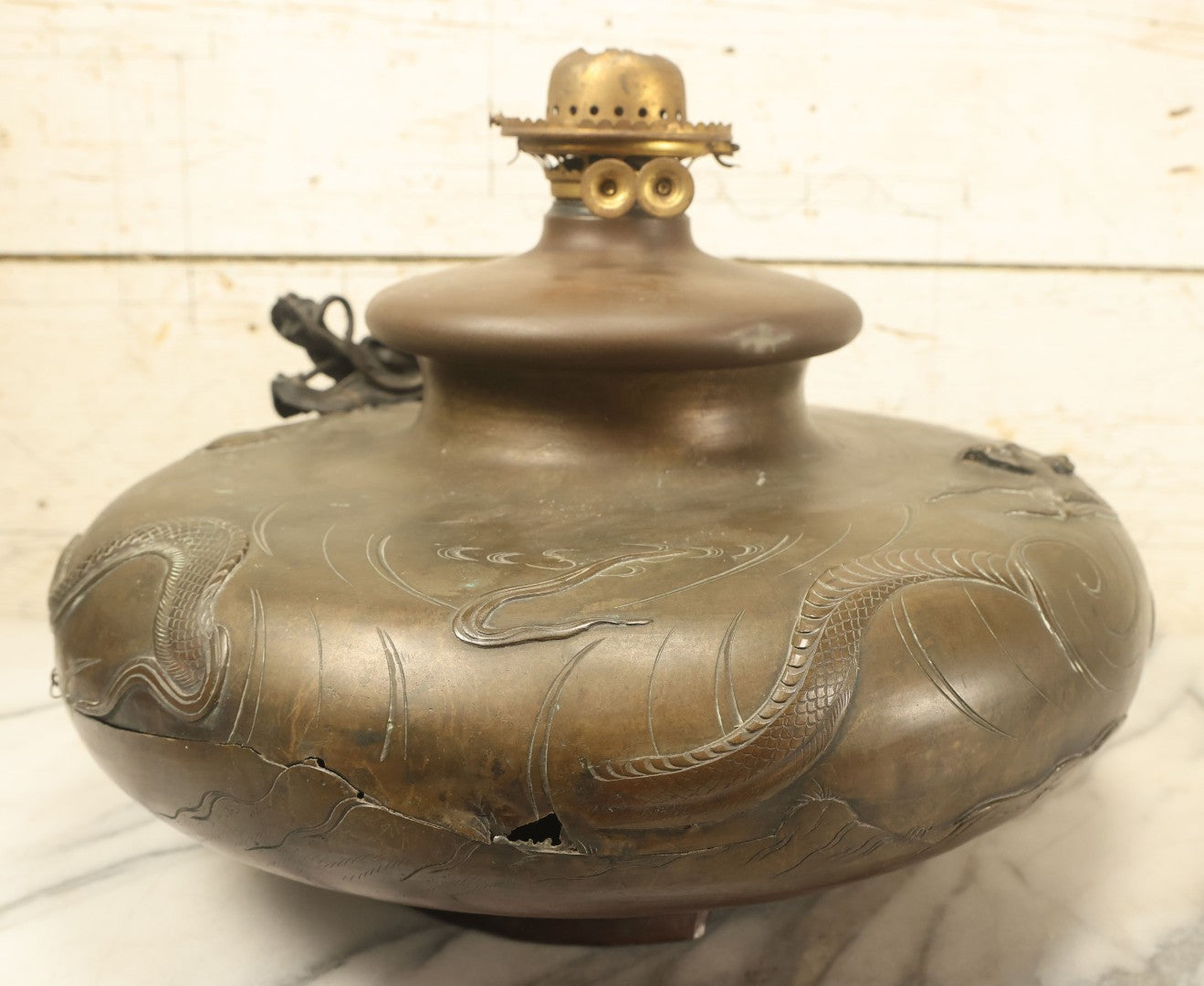 Lot 001 - Antique Chinese Kerosene Lamp Base With Detailed Dragon Motif, Note Large Crack, Various Damage