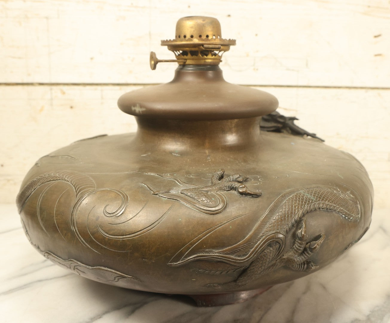 Lot 001 - Antique Chinese Kerosene Lamp Base With Detailed Dragon Motif, Note Large Crack, Various Damage