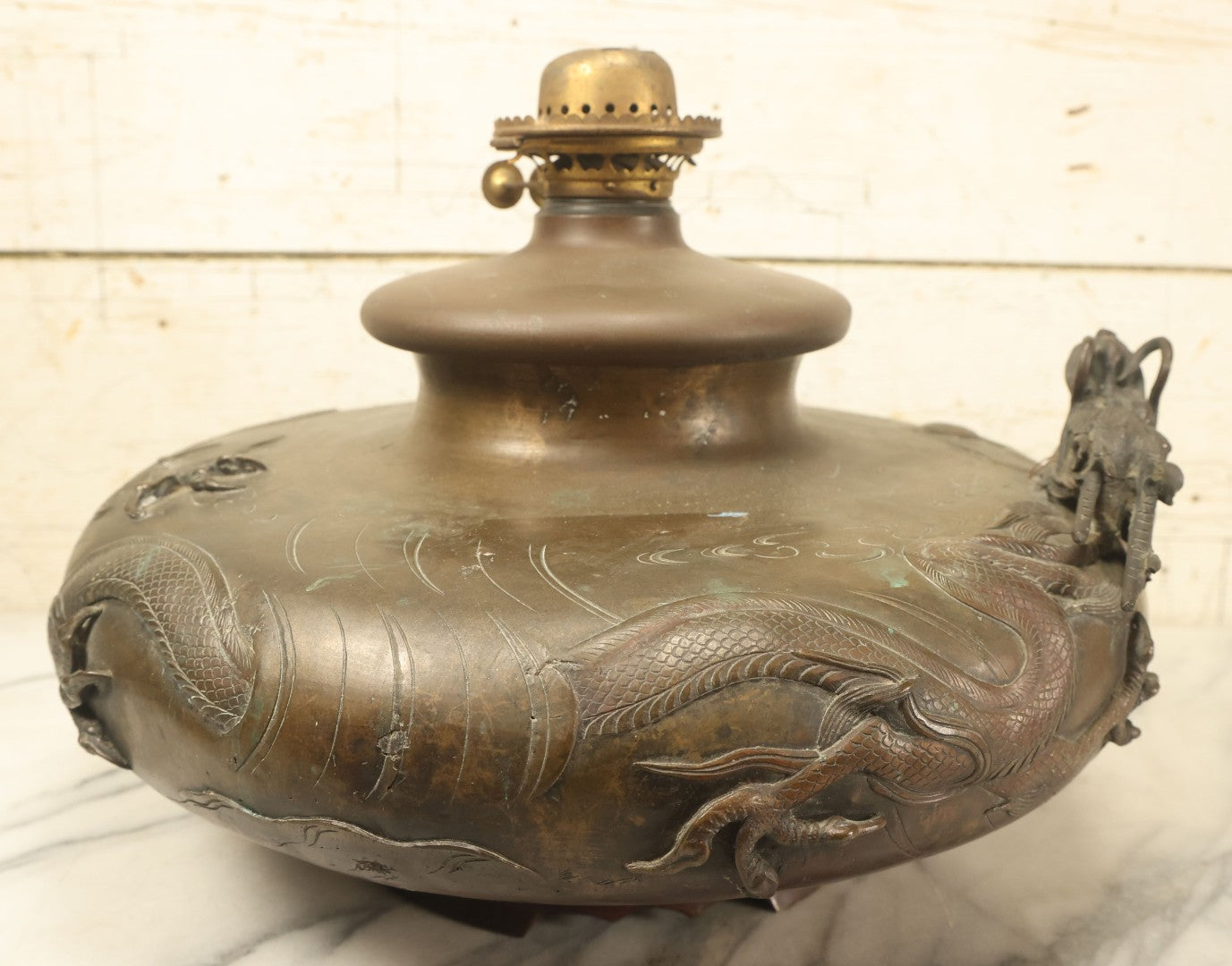 Lot 001 - Antique Chinese Kerosene Lamp Base With Detailed Dragon Motif, Note Large Crack, Various Damage
