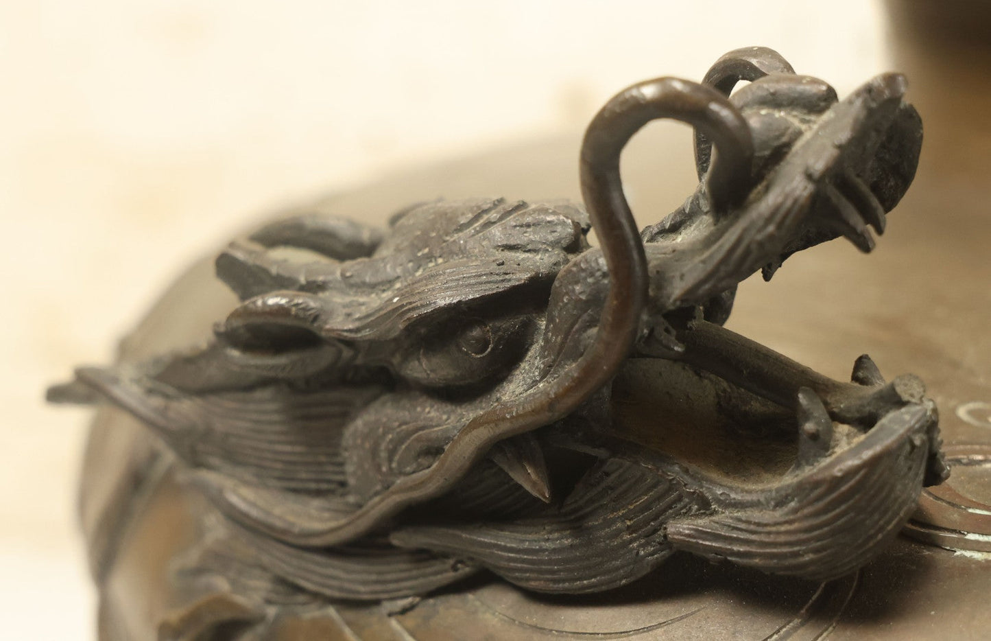 Lot 001 - Antique Chinese Kerosene Lamp Base With Detailed Dragon Motif, Note Large Crack, Various Damage