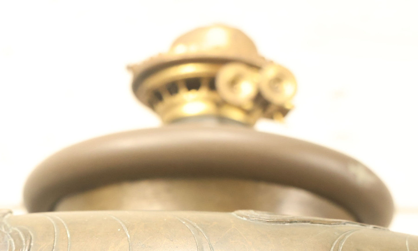 Lot 001 - Antique Chinese Kerosene Lamp Base With Detailed Dragon Motif, Note Large Crack, Various Damage