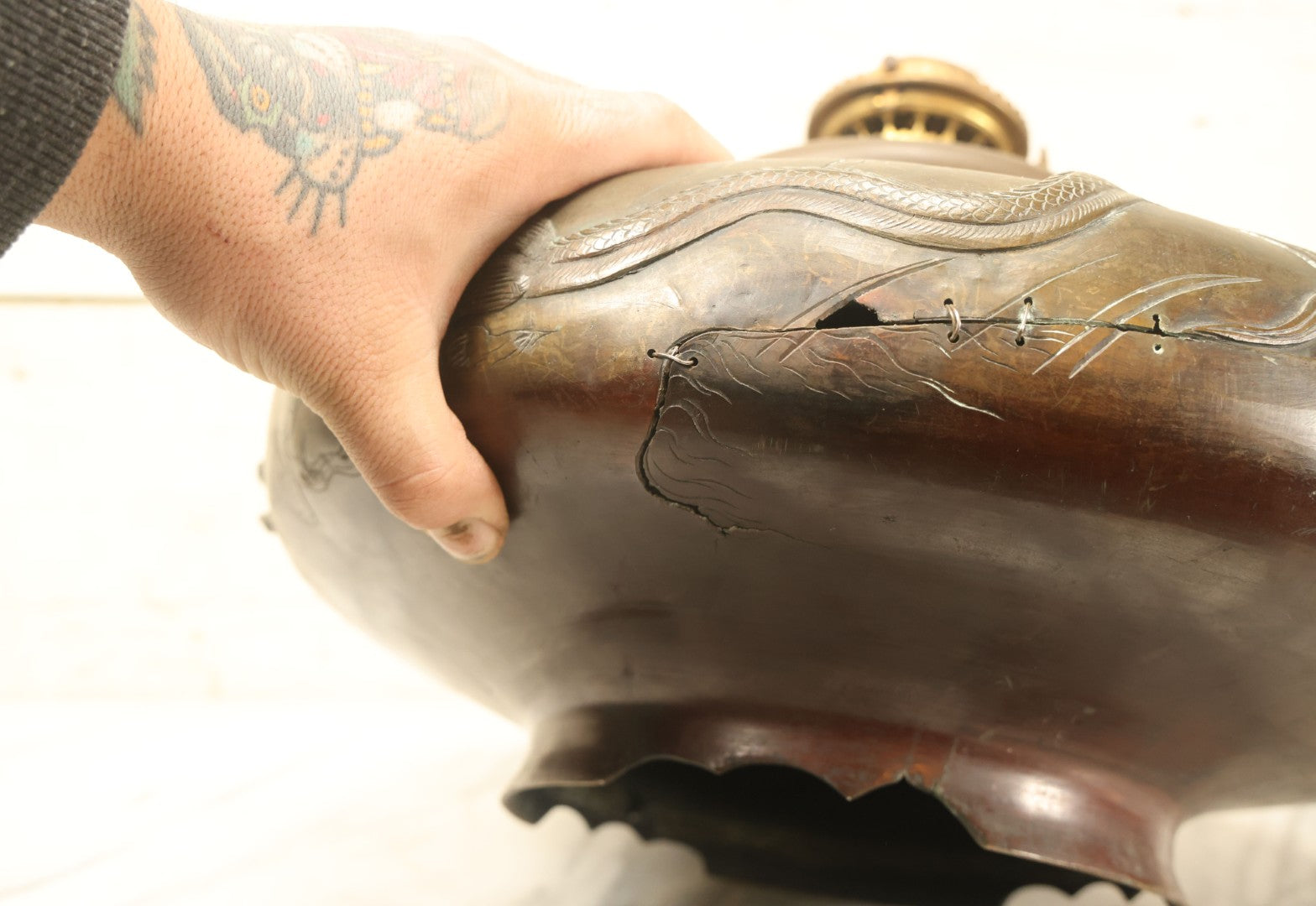 Lot 001 - Antique Chinese Kerosene Lamp Base With Detailed Dragon Motif, Note Large Crack, Various Damage