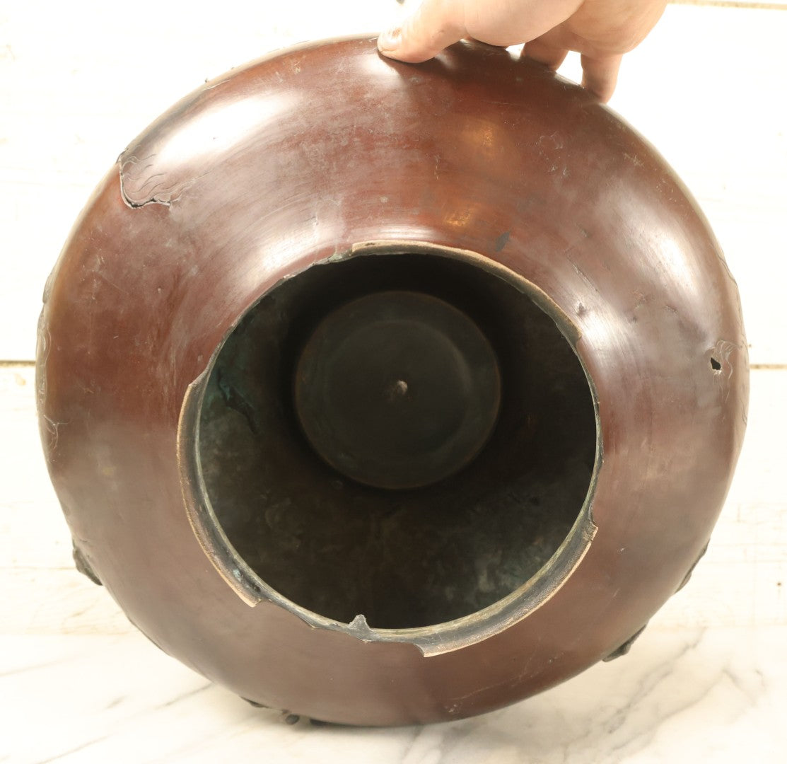 Lot 001 - Antique Chinese Kerosene Lamp Base With Detailed Dragon Motif, Note Large Crack, Various Damage
