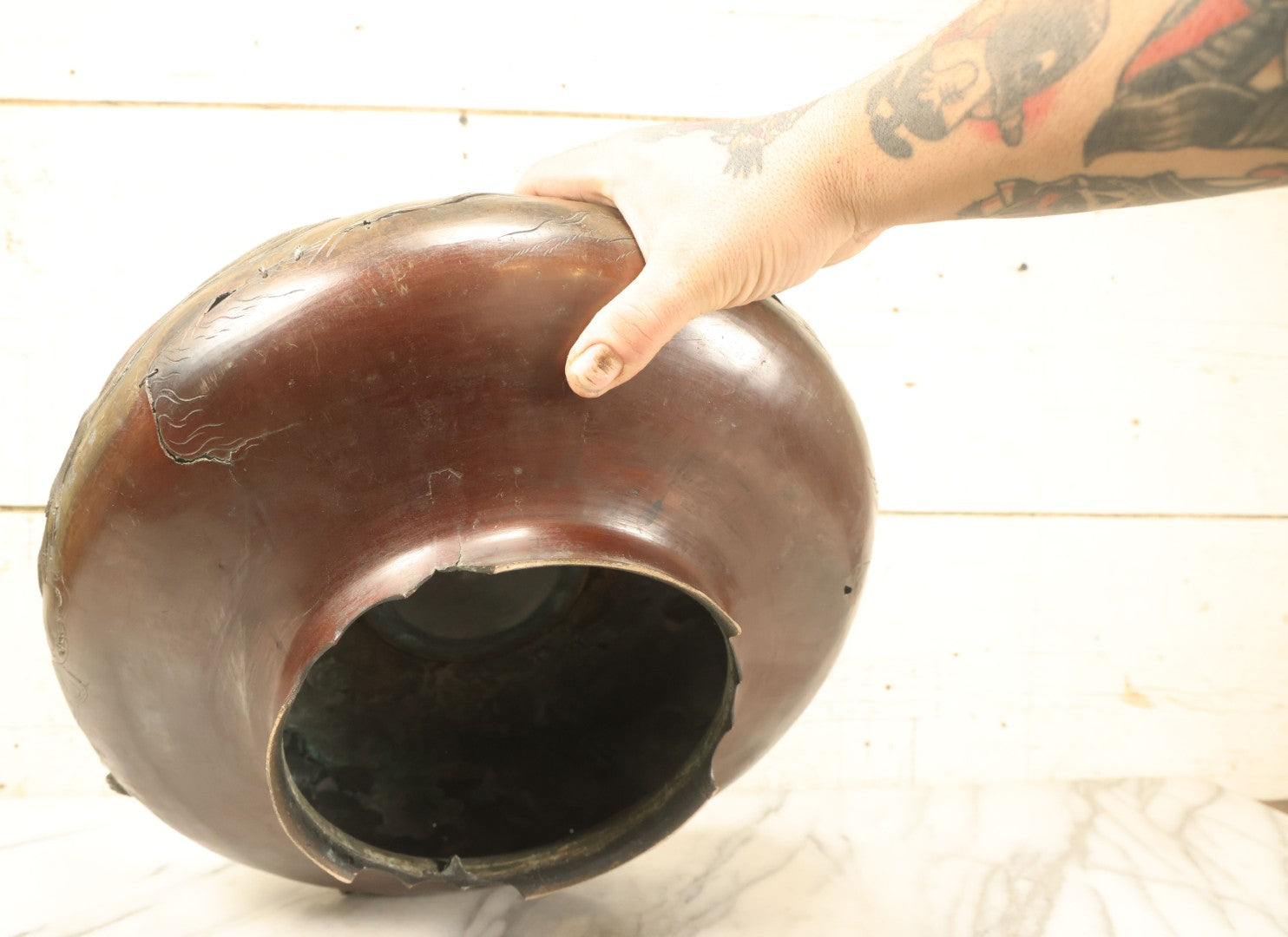 Lot 001 - Antique Chinese Kerosene Lamp Base With Detailed Dragon Motif, Note Large Crack, Various Damage