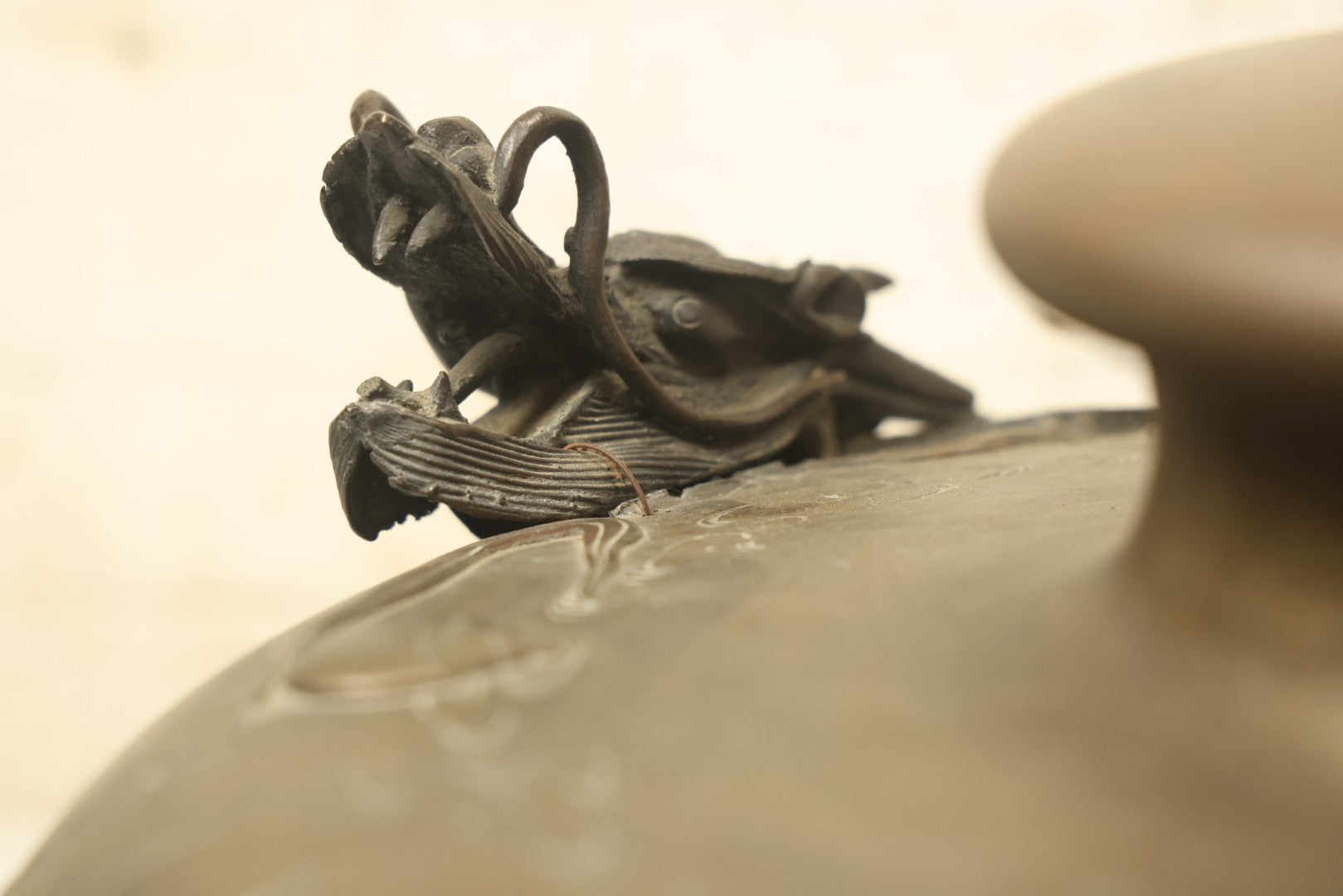 Lot 001 - Antique Chinese Kerosene Lamp Base With Detailed Dragon Motif, Note Large Crack, Various Damage