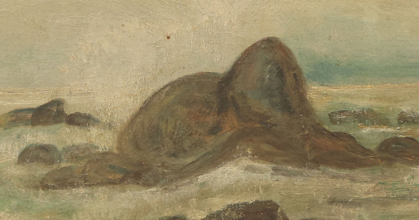 Lot 003 - Antique Seascape Nautical Painting On Board In Gilded Gesso Frame, Waves Crashing On Rocks, Shore, Note Significant Gesso Loss, 10-5/8" x 23-1/2"