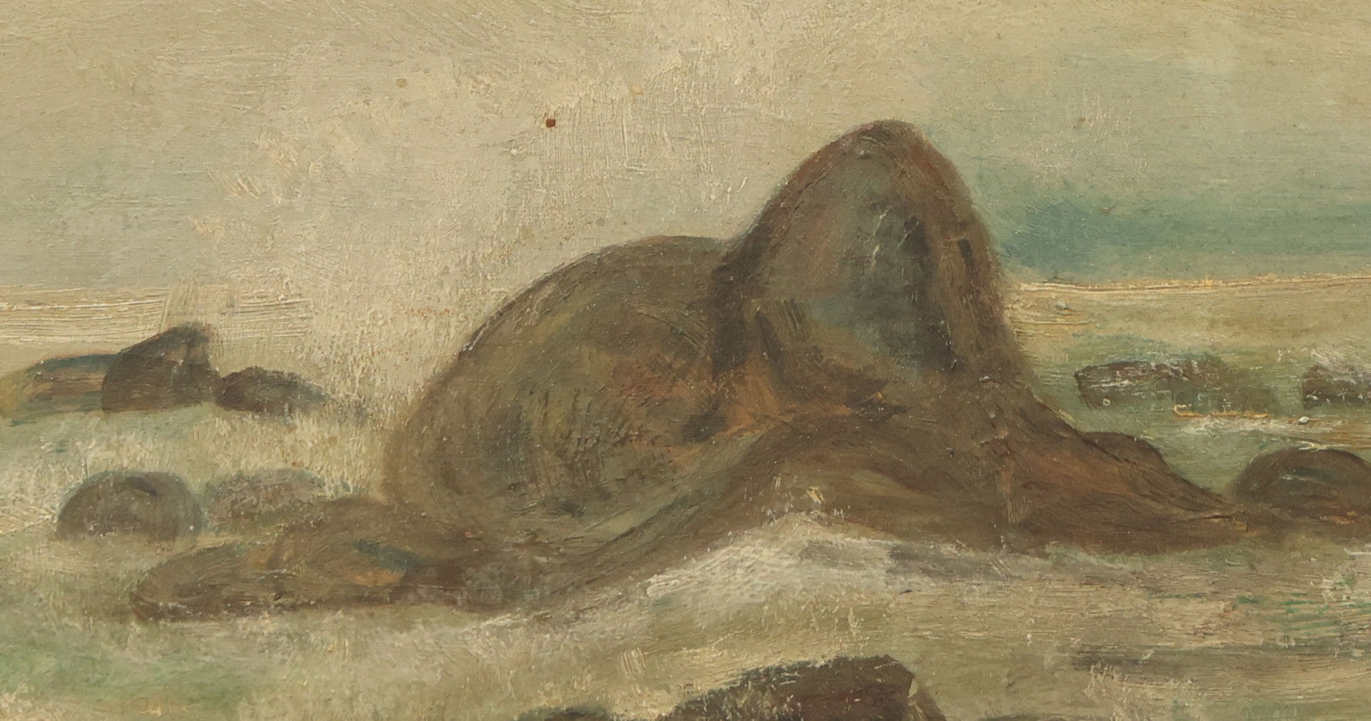Lot 003 - Antique Seascape Nautical Painting On Board In Gilded Gesso Frame, Waves Crashing On Rocks, Shore, Note Significant Gesso Loss, 10-5/8" x 23-1/2"