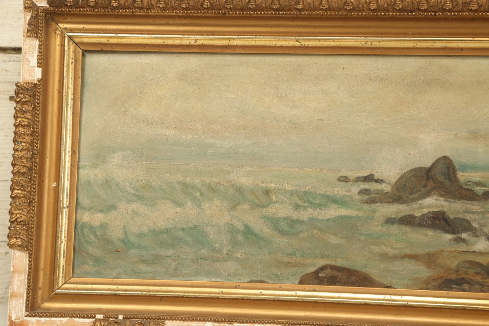 Lot 003 - Antique Seascape Nautical Painting On Board In Gilded Gesso Frame, Waves Crashing On Rocks, Shore, Note Significant Gesso Loss, 10-5/8" x 23-1/2"