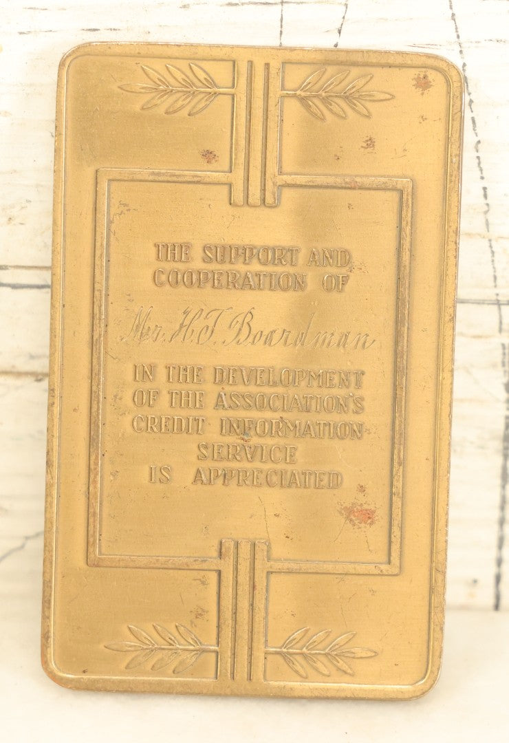 Lot 021 - Antique National Boot And Shoe Manufacturer's Association Member Plaque Award, Given To Mr. H.J Boardman, Chrysler Building, New York City