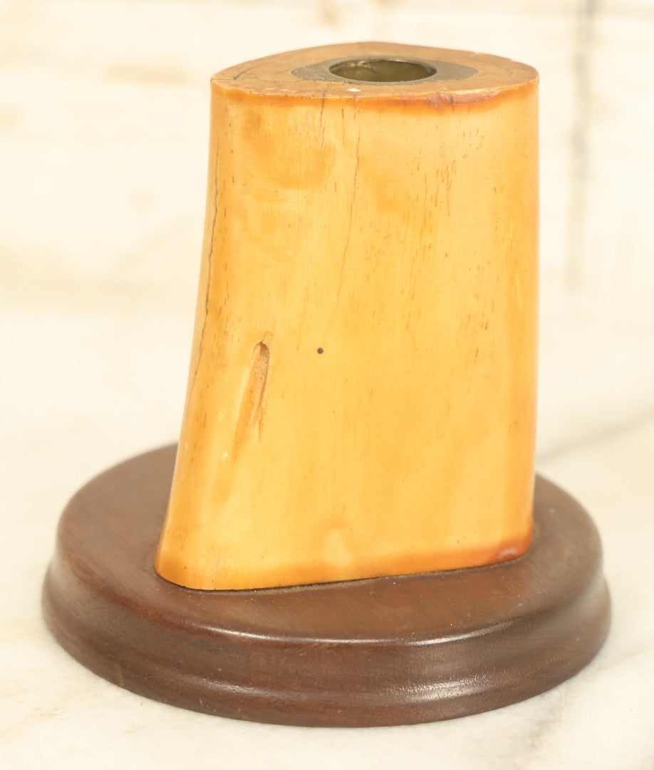 Lot 022 - Antique Animal Bone Inkwell Pen Stand With Wooden Base And Brass Insert, No Cap