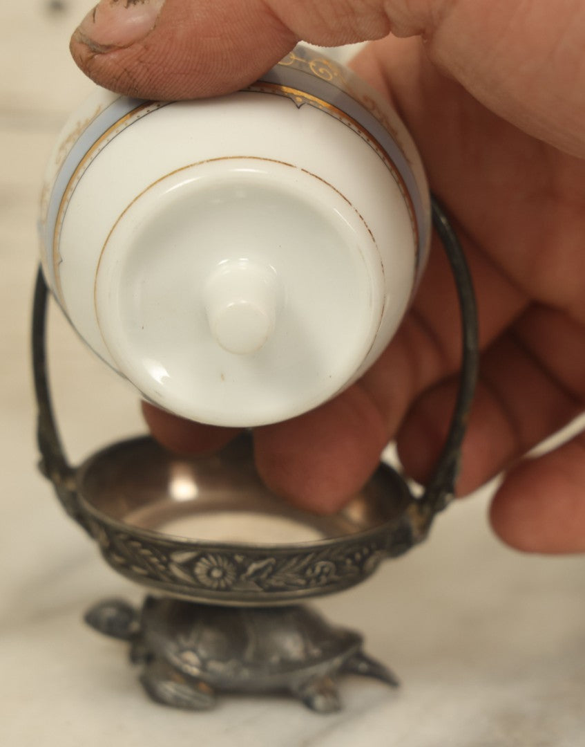 Lot 028 - Antique Porcelain Sugar Bowl With Silverplate Turtle Base