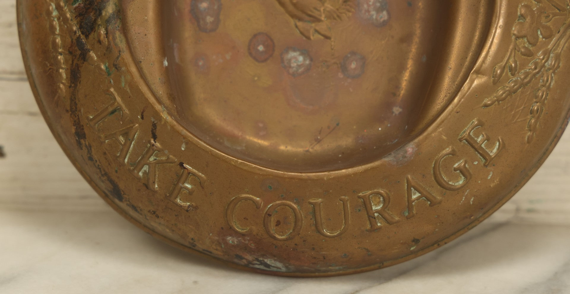 Lot 031 - Vintage British Courage Brewery Bar Top Brass Tip Tray, "Take Courage" With Rooster Motif, Various Wear, Rust