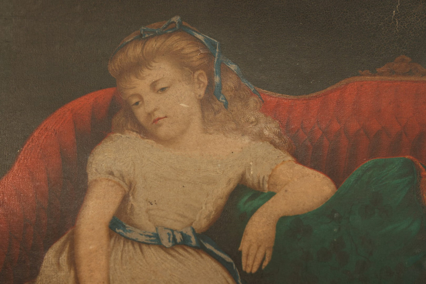 Lot 032 - Antique Unframed Chromolithograph Of A Little Girl And Her Cat, Titled "So Tired" Published By The Independents, Circa 1872, Printed By Brett & C0., New York