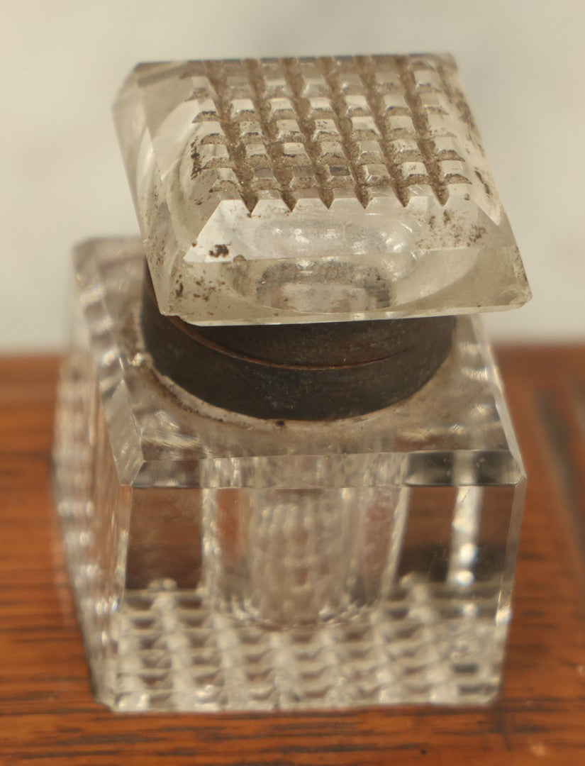Lot 036 - Antique Hand Carved Folk Art Pen And Ink Stand With Geometric Carving, Two Glass Inkwells, Note Various Wear To Inkwells