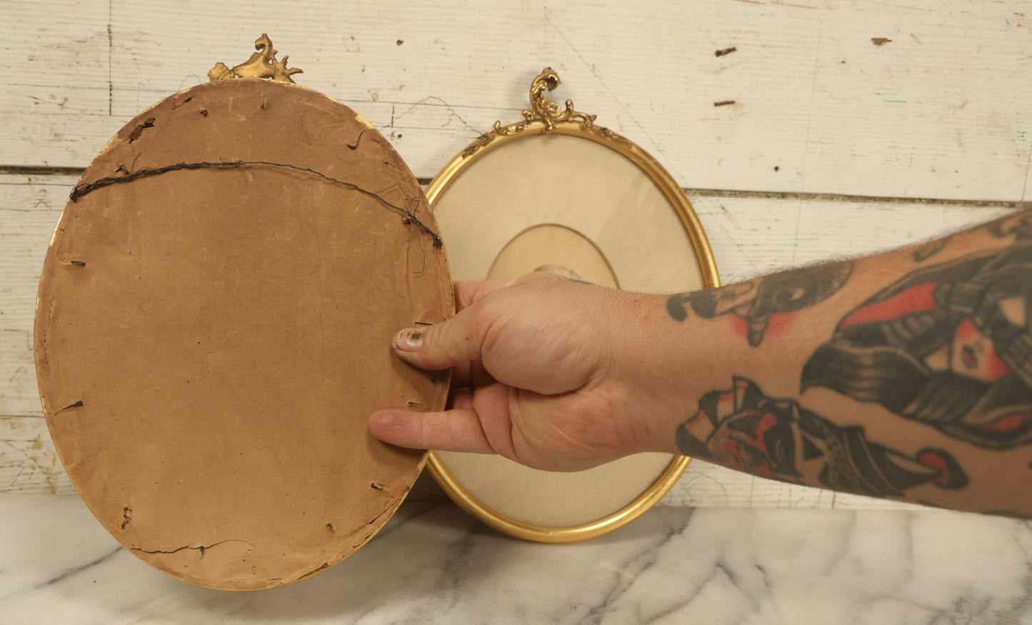 Lot 037 - Pair Of Antique Oval Framed And Matted Portrait Photos Of Men With Beards, One With Hand Coloring, Ornate Finials On Frames