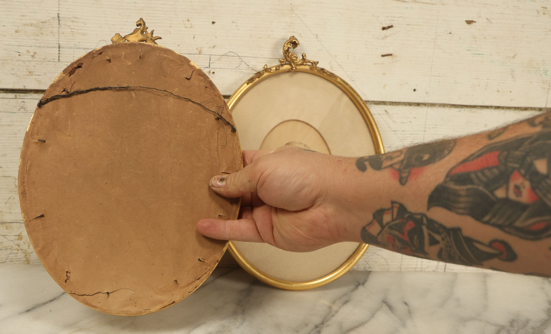 Lot 037 - Pair Of Antique Oval Framed And Matted Portrait Photos Of Men With Beards, One With Hand Coloring, Ornate Finials On Frames