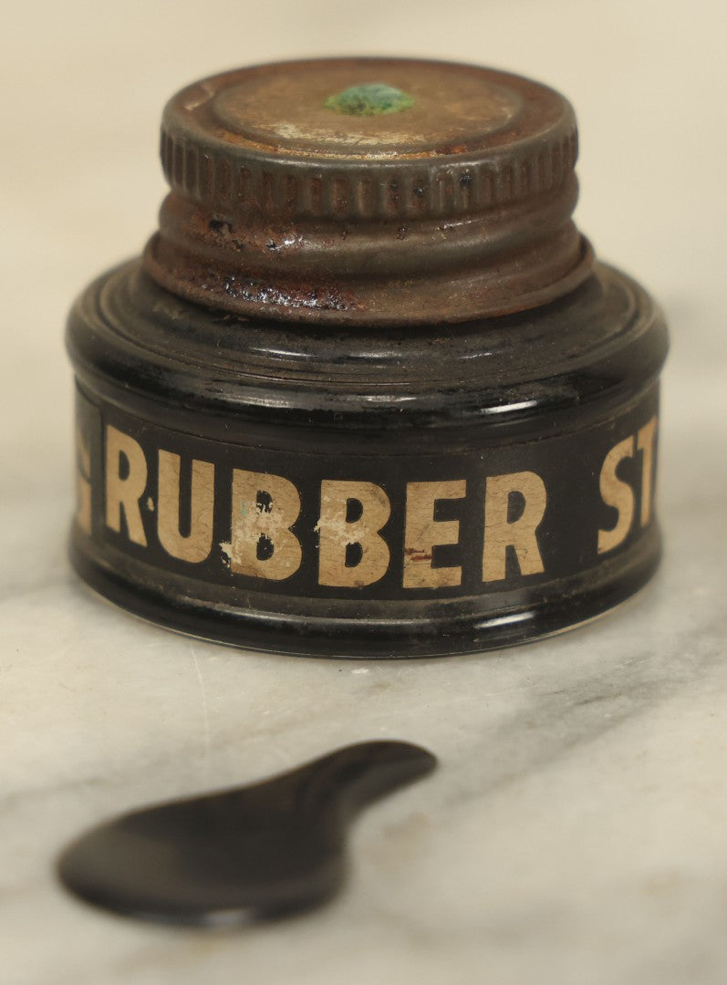 Lot 040 - Vintage Faux Spilled Inkpot Novelty Toy With Stamp Pad Tin, Made In Japan, Small Tin Ink Blob Looks Like Spilled Ink