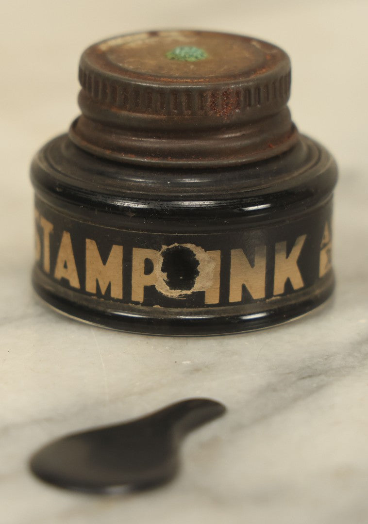 Lot 040 - Vintage Faux Spilled Inkpot Novelty Toy With Stamp Pad Tin, Made In Japan, Small Tin Ink Blob Looks Like Spilled Ink