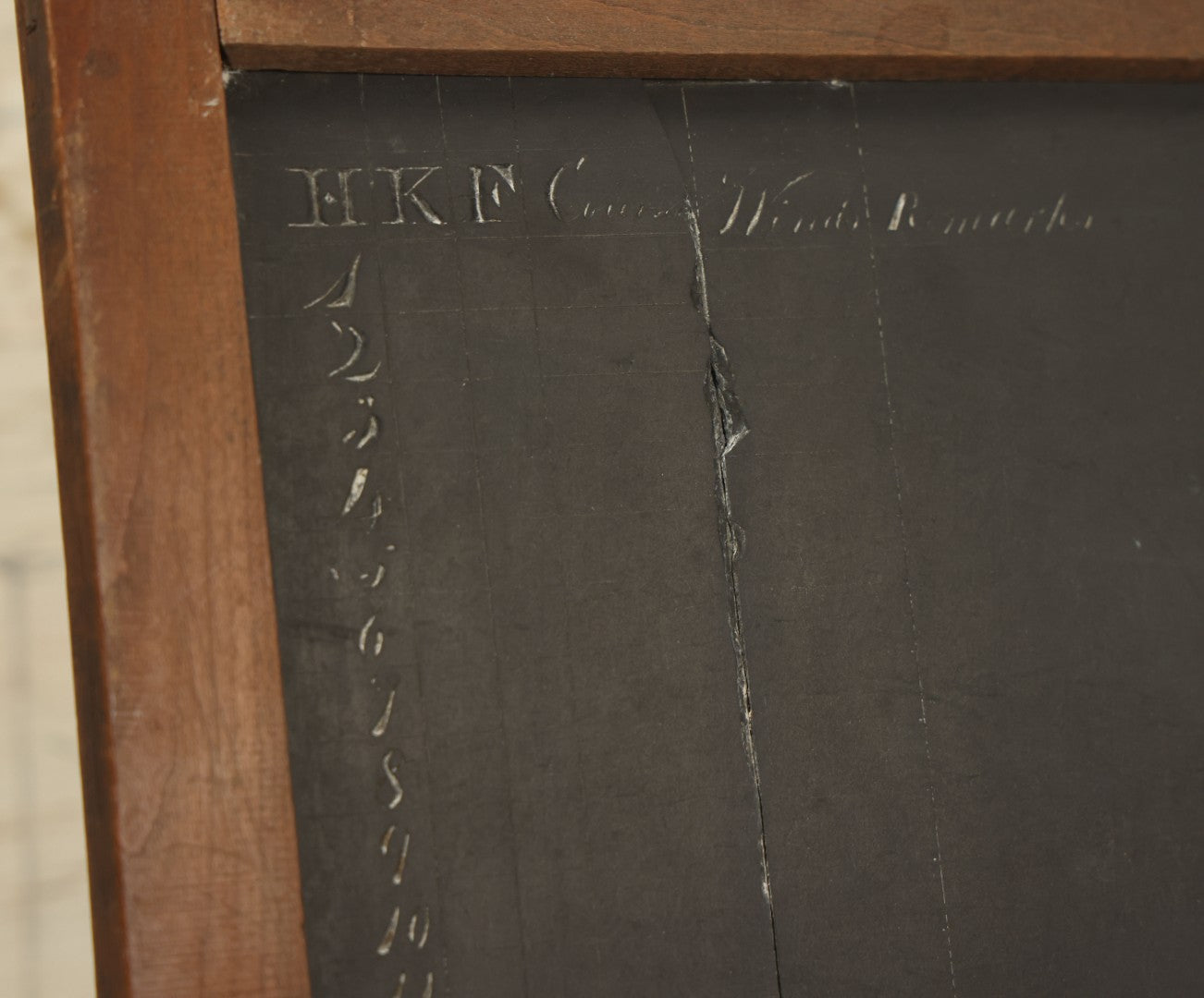 Lot 042 - Antique Folding Slate Chalkboard Schoolhouse Tablet, With Etched Numbers, Letters, Note Vertical Crack On Left Side, Wooden Frame