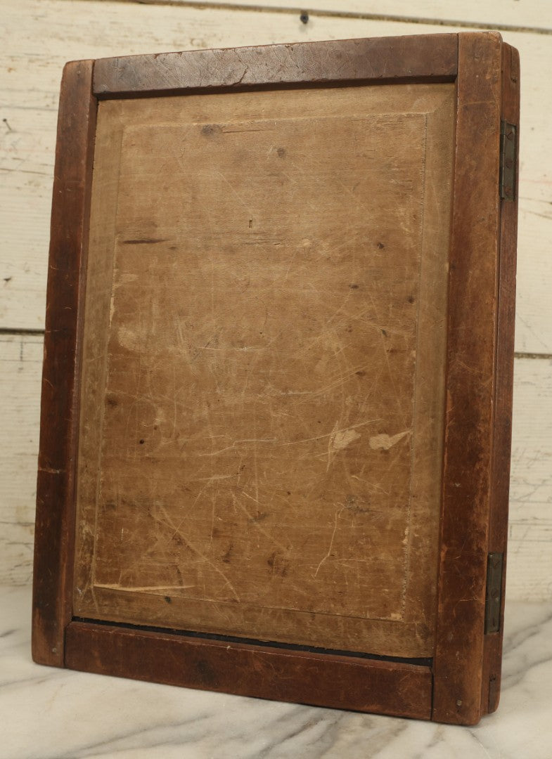 Lot 042 - Antique Folding Slate Chalkboard Schoolhouse Tablet, With Etched Numbers, Letters, Note Vertical Crack On Left Side, Wooden Frame