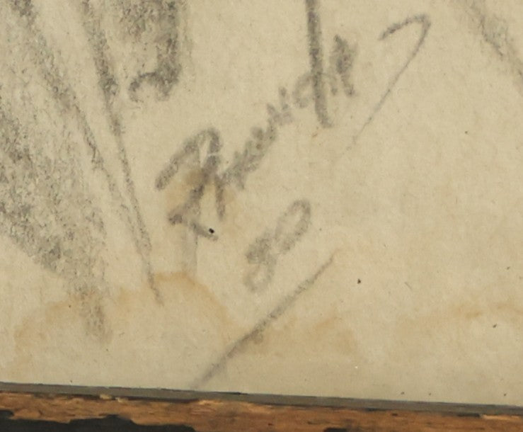 Lot 043 - Vintage Pencil Sketch Folk Art Of Man Weaving Hat With Nine Pieces Of Foreign Currency In Frame From Canada, Vietnam, Etc., Artist Signed And Dated, Illegible