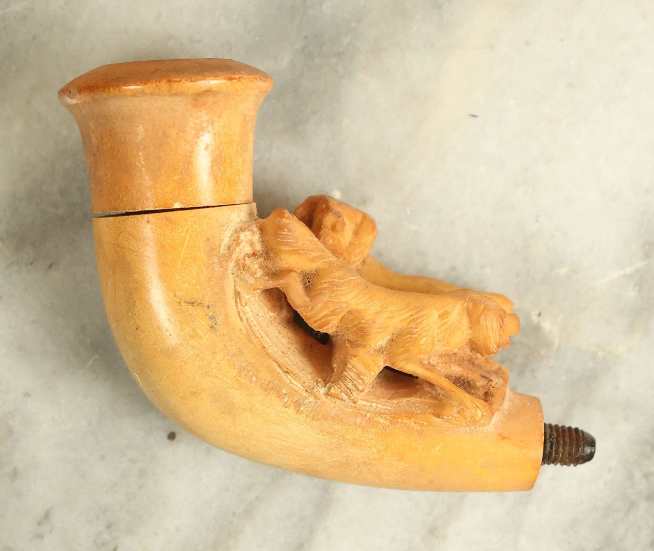 Lot 053 - Vintage Carved Meerschaum Hunting Dogs Smoking Pipe With No Stem In Case, Various Wear And Tear, Two Dogs Facing Opposite Directions