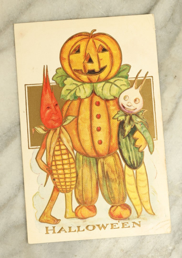Lot 064 - Grouping Of Three Antique Merry Halloween Postcards With Anthropomorphic Vegetables