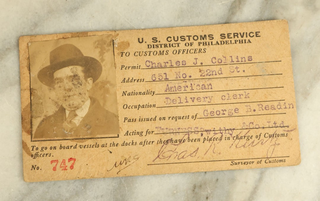 Lot 093 - Pair Of Antique Identification Cards Including A Waterfront Pass For The Port Of Philadelphia And A U.S. Customs Service Card, Both For Charles Collins, Circa 1918