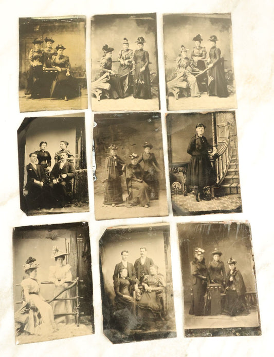 Lot 100 - Grouping Of Nine Antique Tintype Photographs, Mostly Of Groups Of Three Women, With Extravagant Dress