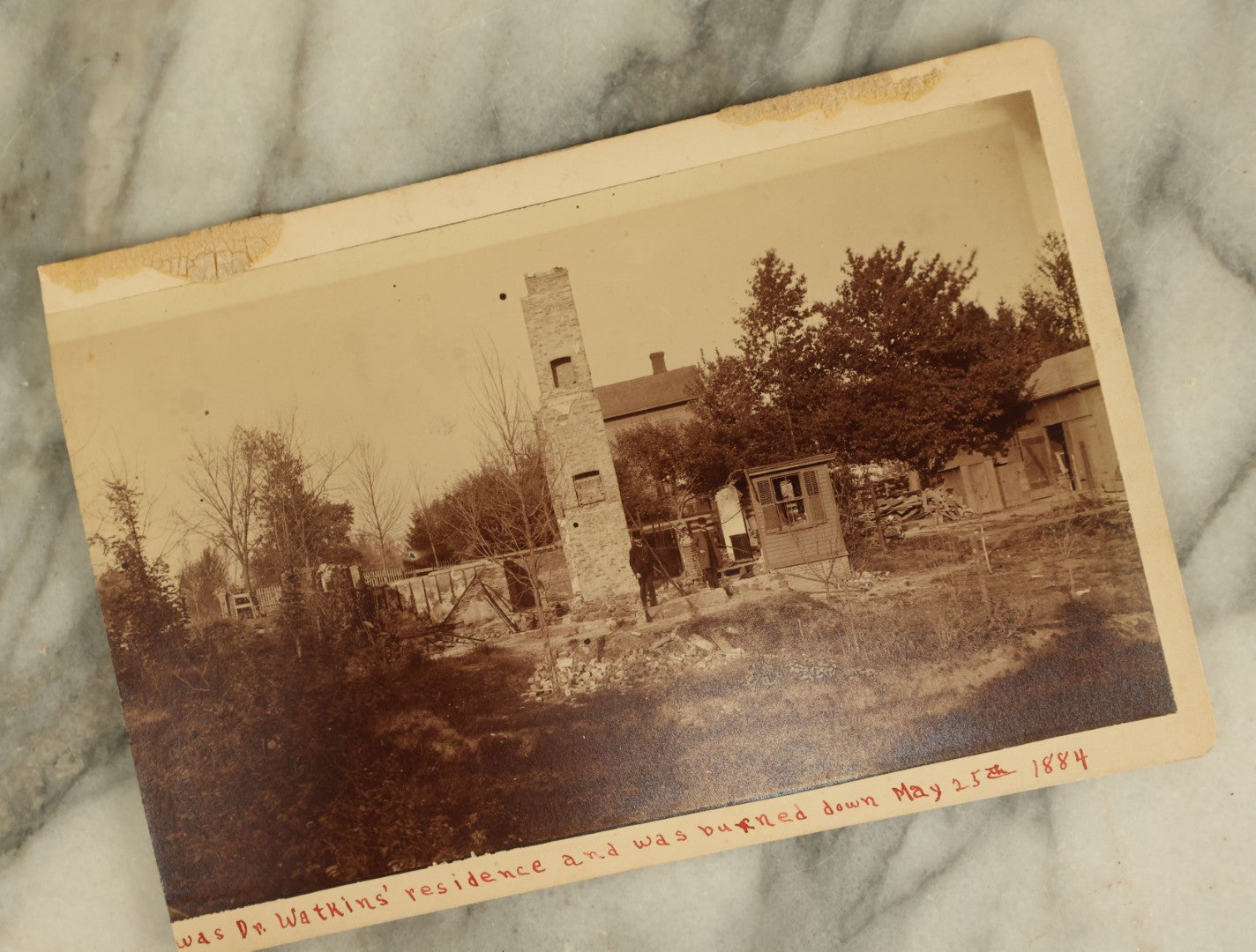 Lot 141 - Grouping Of Four Large Size Cabinet Card Photographs Of The House Of Dr. Watkins, Which Burned Down May 1884, Including Aftermath, Ruins