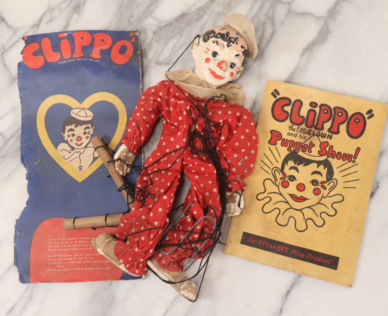 Lot 035 - Vintage Eff-An-Bee Clippo The Clown Marionette Puppet With P ...