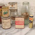 Lot 093 - Twelve Piece Antique And Vintage Kitchen Findings Grouping Including Tins And Bottle, Such As Sterling Brand Fancy Pickles, Dainty Dot Allspice, Great American Pepper, And More, As Found
