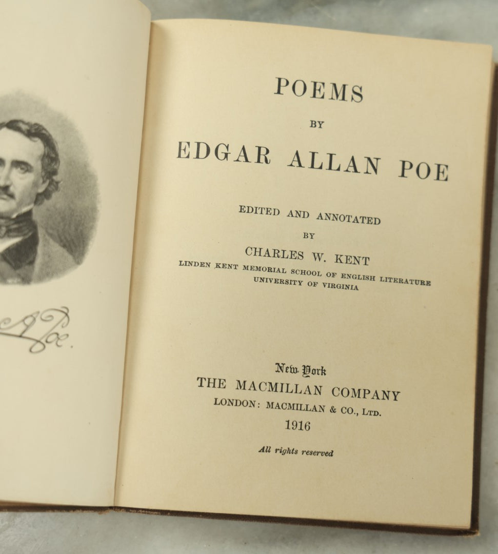 Lot 121 - "Poems By Edgar Allan Poe" Antique Book Edited And Annotated By Charles W. Kent, The Macmillan Company, Publishers, New York, London, 1916