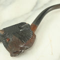 Lot 133 - Vintage Carved Wooden Bison Buffalo Head Pipe With Horns, Glass Eye, Missing One Eye, With Stem