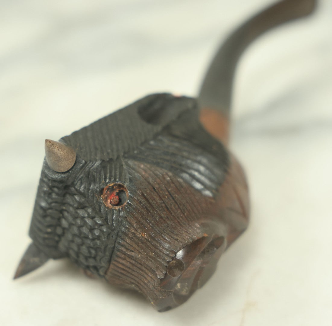 Lot 133 - Vintage Carved Wooden Bison Buffalo Head Pipe With Horns, Glass Eye, Missing One Eye, With Stem