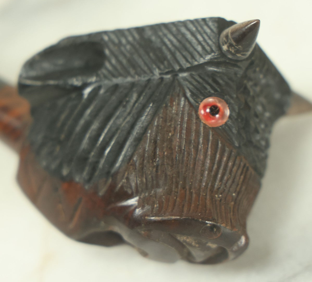 Lot 133 - Vintage Carved Wooden Bison Buffalo Head Pipe With Horns, Glass Eye, Missing One Eye, With Stem