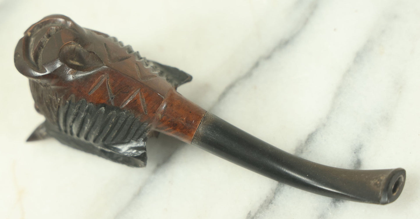 Lot 133 - Vintage Carved Wooden Bison Buffalo Head Pipe With Horns, Glass Eye, Missing One Eye, With Stem