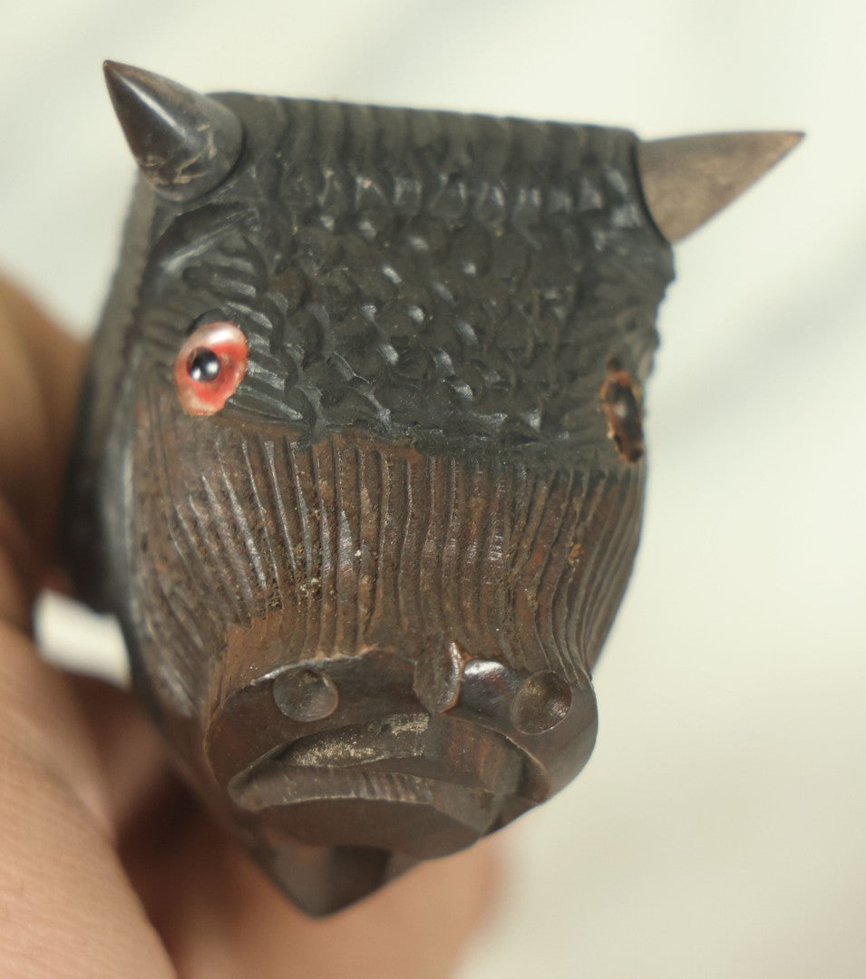 Lot 133 - Vintage Carved Wooden Bison Buffalo Head Pipe With Horns, Glass Eye, Missing One Eye, With Stem
