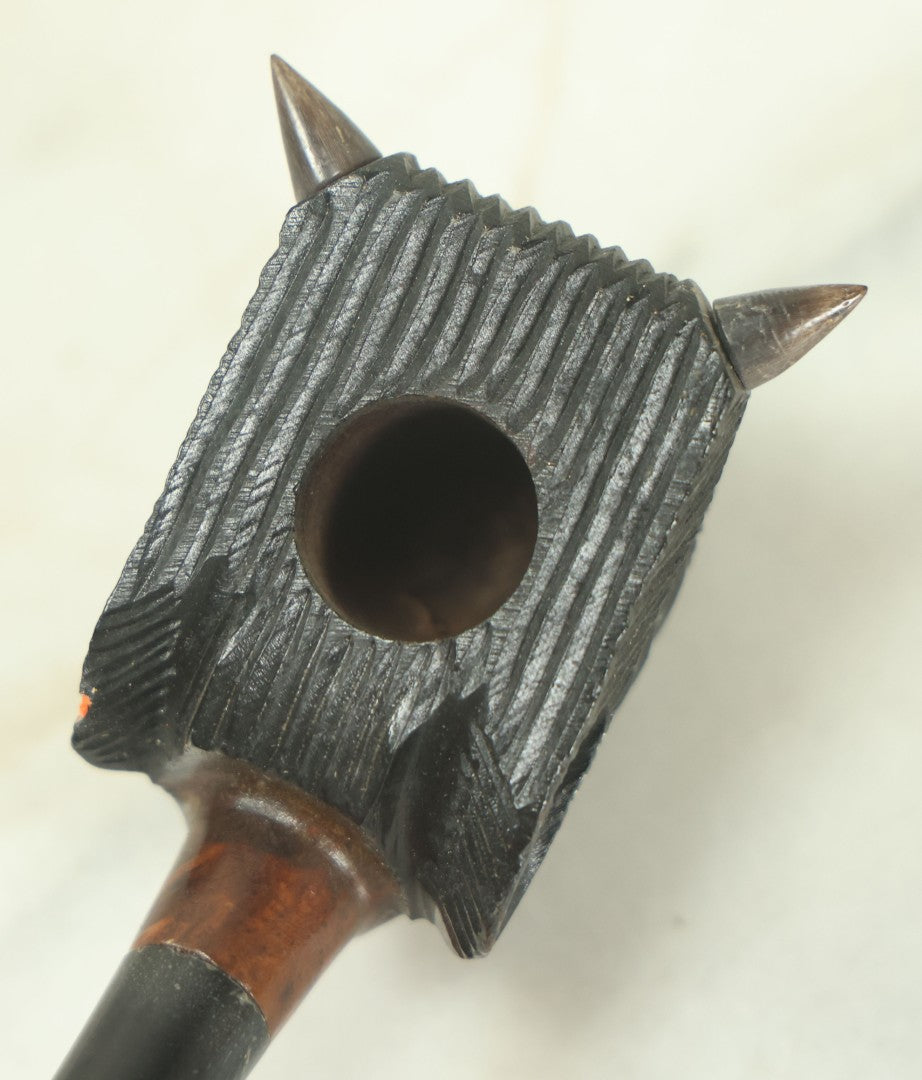 Lot 133 - Vintage Carved Wooden Bison Buffalo Head Pipe With Horns, Glass Eye, Missing One Eye, With Stem