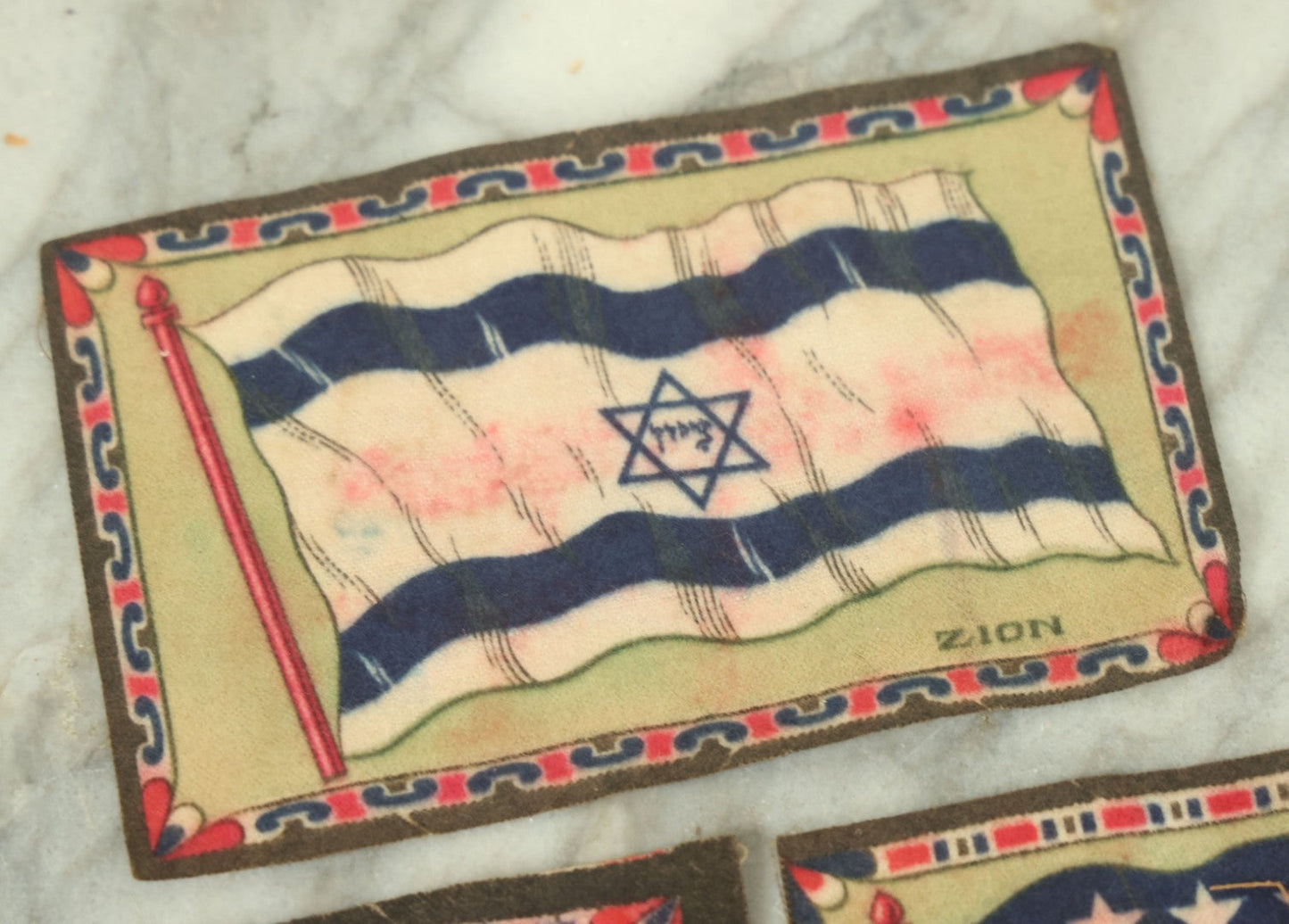 Lot 141 - Grouping Of Seven Antique Tobacco Felt Country Flags Including The United States Jack, France, Austria Hungary, Zion, Belgium, Germany, And France