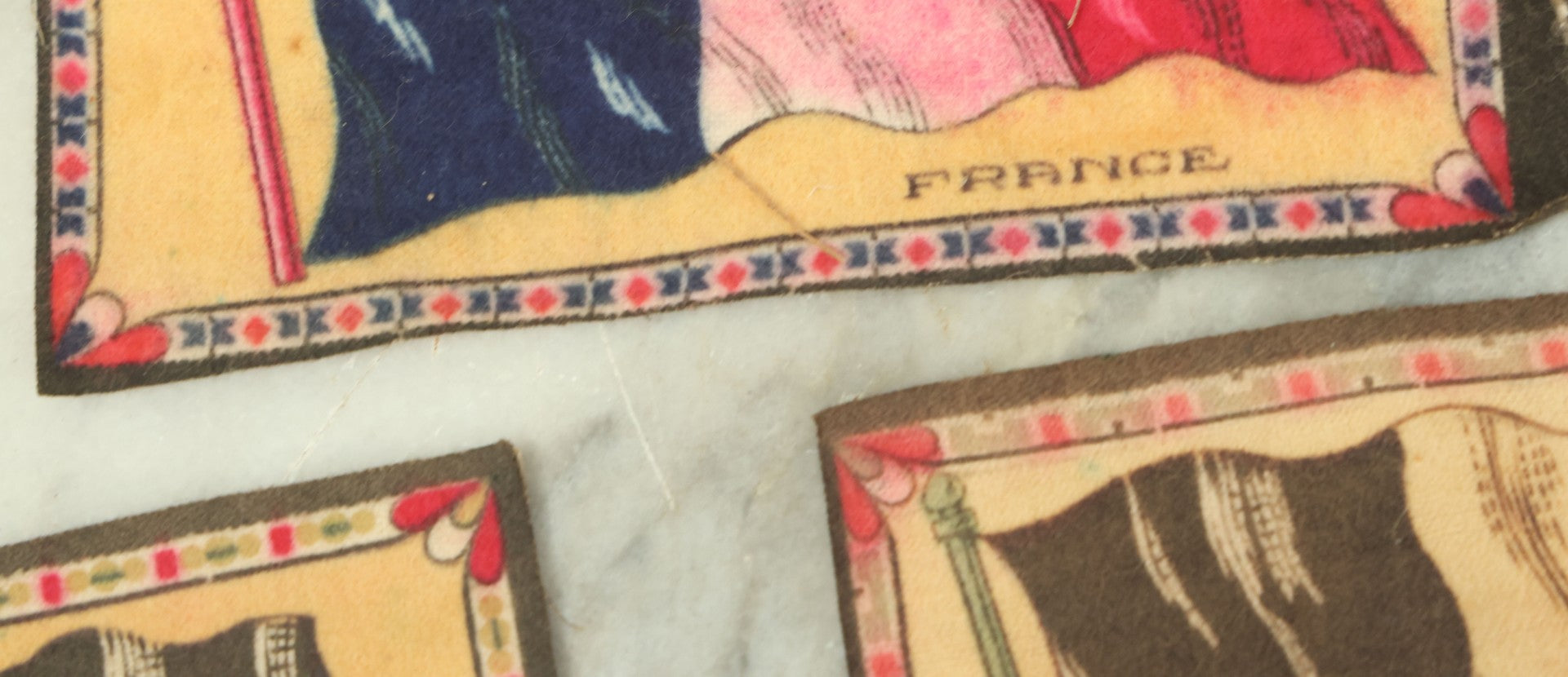 Lot 141 - Grouping Of Seven Antique Tobacco Felt Country Flags Including The United States Jack, France, Austria Hungary, Zion, Belgium, Germany, And France