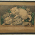 Lot 039 - Antique Hand Colored Lithograph Entitled "Two Little Fraid Cats" Featuring Two White Cats Afraid Of A Mouse, Published By Currier & Ives, 15-3/4" x 12-1/4"